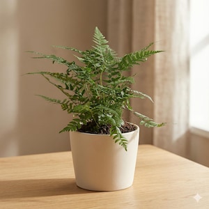 May include: A green fern plant in a cream-colored pot sits on a wooden surface. The fern has many small, delicate leaves. The pot is cylindrical and has a smooth finish. The background is a neutral color.