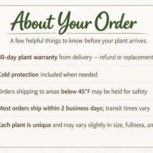 The image is a text-based graphic that provides information about an order, including details about the 30-day plant warranty, cold protection, shipping preferences, and the uniqueness of each plant.