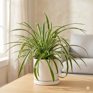 May include: A spider plant with long, green and white striped leaves, potted in a white ceramic pot with a matching saucer. The plant sits on a light-colored wooden table, with a neutral background.