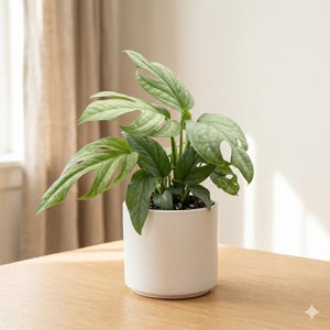 May include: A potted Monstera plant with green leaves and unique fenestrations. The plant is in a white ceramic pot, sitting on a wooden table. The background includes a beige curtain and a white wall, creating a bright and airy setting.