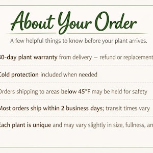 The image is a text-based graphic that provides information about an order, including details about the 30-day plant warranty, cold protection, shipping preferences, and the uniqueness of each plant.
