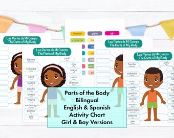 Learn Spanish | Body Parts Learning Activity | Bilingual Spanish English | Girl & Boy Version | learning homeschool education diversity