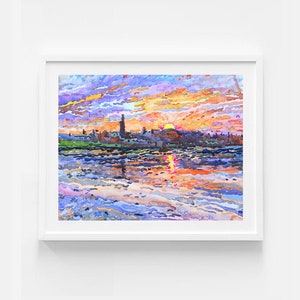 Sunrise on the Lake Landscape Painting Original, Water Reflection Wall Decor, Watercolor Landscape Original by Tanbelia