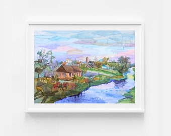 House on the River Watercolor Original Painting, Large Watercolor Landscape Painting, Impressionist Wall Art by Tanbelia