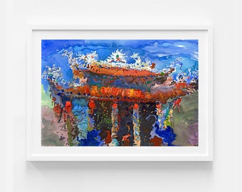 Pagoda Tam Thai a Da Nang, Vietnam Architettura Acquerello Pittura originale, Pittura vietnamita di Tanbelia