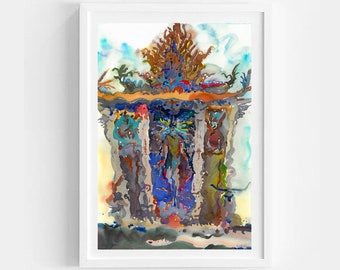 Buddhist Art Sculptures in Wat Pariwat Temple, Thailand Watercolor Original Painting, Architecture Artwork by Tanbelia