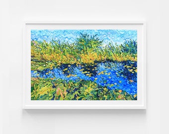 Claude Monet Water Lilies Painting Original, Watercolor Forest around Pond Artwork, Large Lake Landscape Wall Art by Tanbelia