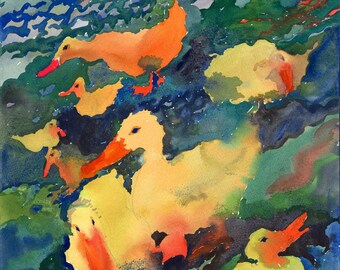 Yellow Baby Duck Watercolor Print, Ducks Wall Art, Ducks Art Print by Tanbelia