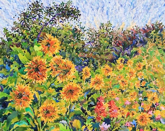 Yellow Sunflower Watercolor Print, Flower Garden Printable Painting, Watercolor Botanical Wall Art by Tanbelia