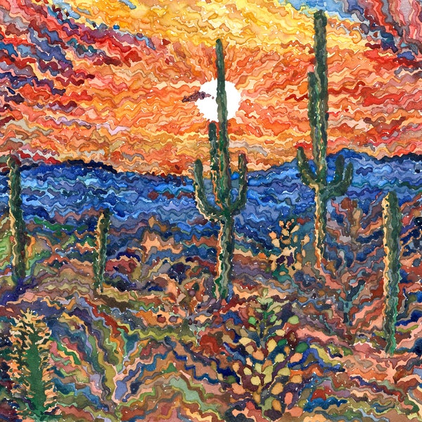 Saguaro National Park Watercolor Print, Arizona Desert Cactus Landscape Print, Desert Sunset Print by Tanbelia