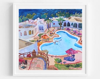 Swimming Pool Watercolor Painting, Large Los Angeles Artwork, Palm Springs Paintings by Tanbelia