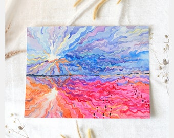 Colorful Sunset on Pink Lake Original Painting, Pink and Blue Watercolor Landscape, Ukrainian Art by Tanbelia