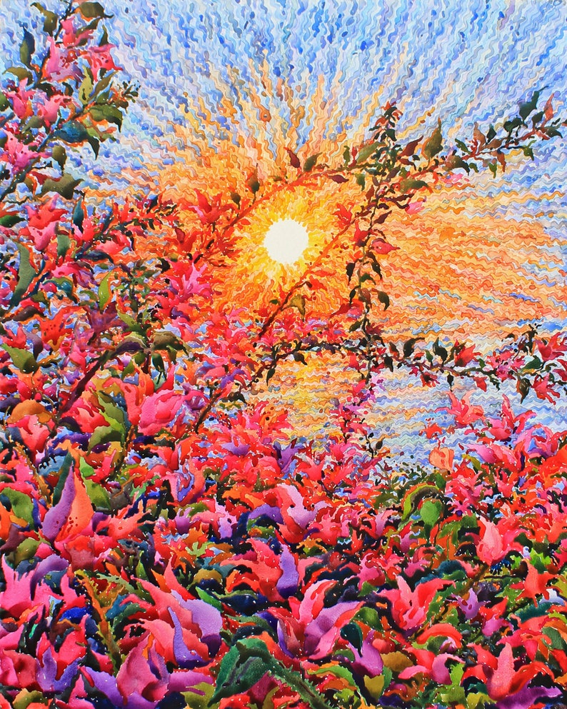 Bougainvillea Watercolor Painting, Uluwatu Temple Original Painting