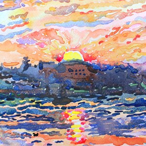 Sunrise on the Lake Landscape Painting Original, Water Reflection Wall Decor, Watercolor Landscape Original by Tanbelia image 3