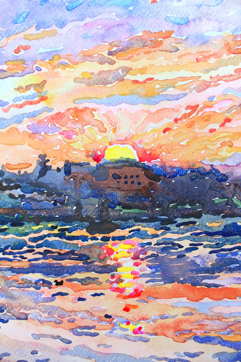 Sunrise on the Lake Landscape Painting Original, Water Reflection Wall Decor, Watercolor Landscape Original by Tanbelia image 3
