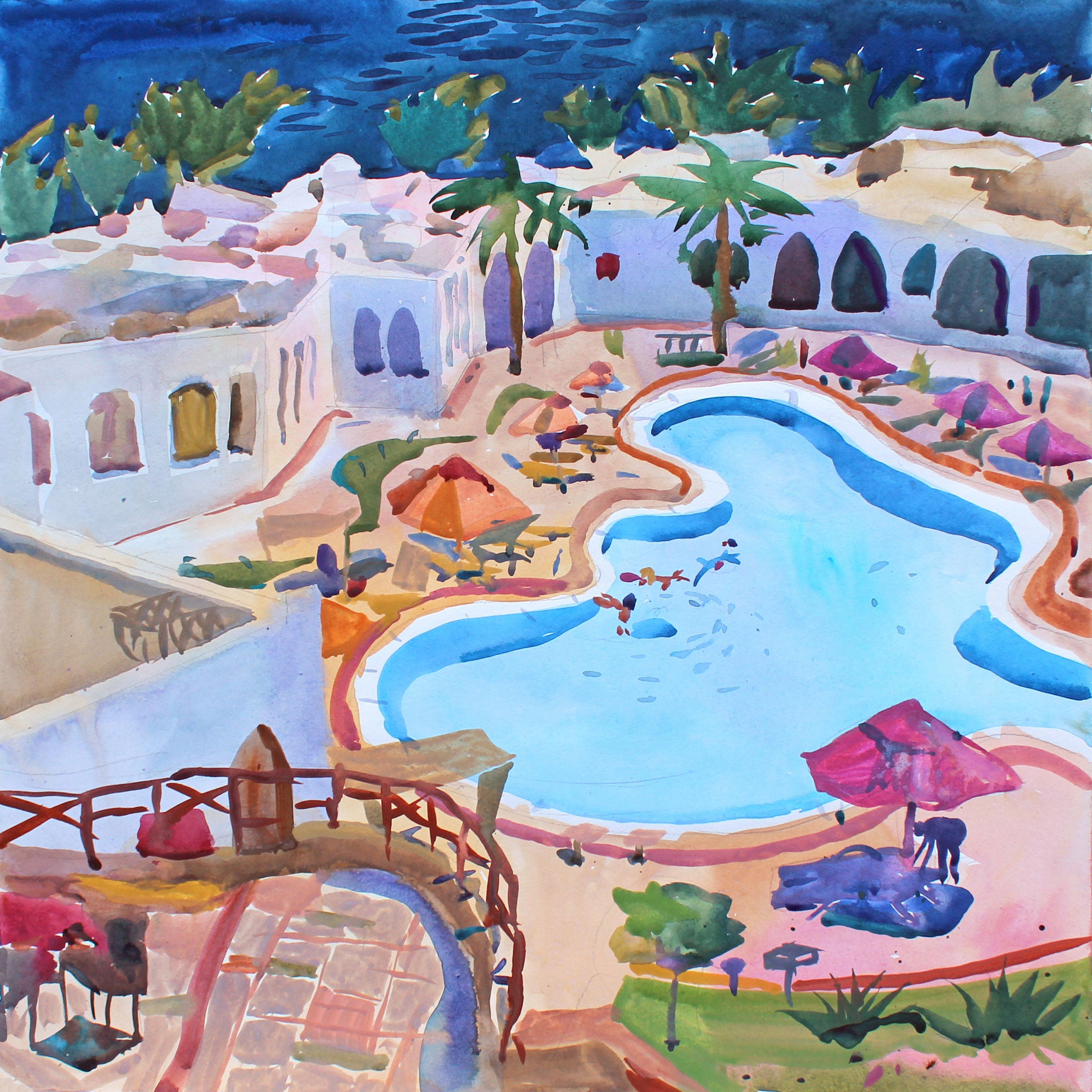 Swimming Pool Watercolor Painting, Large Los Angeles Artwork, Palm