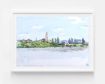 Blue Lake Watercolor Original Painting, Industrial Landscape, Light Blue Artwork, Paper Wall Art  by Tanbelia