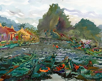 Vietnam Nature Watercolor Print, Lake Tom Coc in Ninh Binh, Vietnamese Art Print by Tanbelia