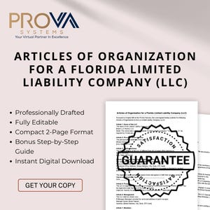 Modello modificabile di articoli di organizzazione LLC della Florida - Modulo di 2 pagine + guida (PDF/DOCX)