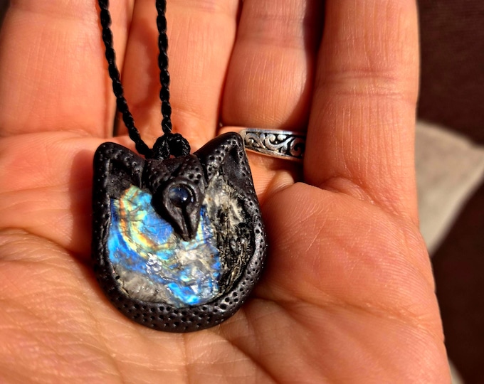 Raw Moonstone Amulet Necklace – Handmade Clay Talisman for Intuition & Feminine Energy