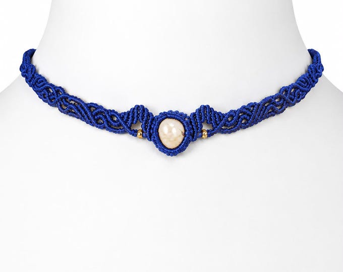 Handmade Macrame Choker: Pink Opal, Navy Blue, Adjustable
