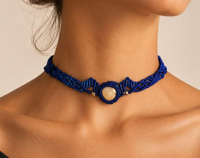 Handmade Macrame Choker: Pink Opal, Navy Blue, Adjustable