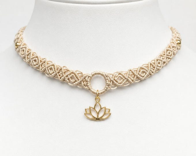 Handmade Macrame Choker Necklace with Golden Lotus Pendant – Boho Style Neck Band