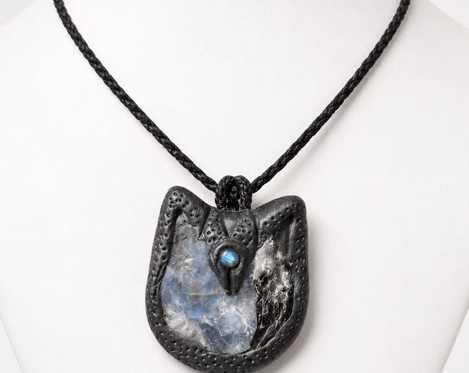 Raw Moonstone Amulet Necklace – Handmade Clay Talisman for Intuition & Feminine Energy