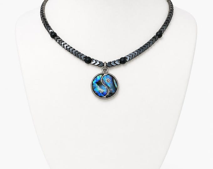 Hematite Lava Bead Necklace, Mother of Pearl Yin Yang Pendant, Boho Spiritual Jewelry