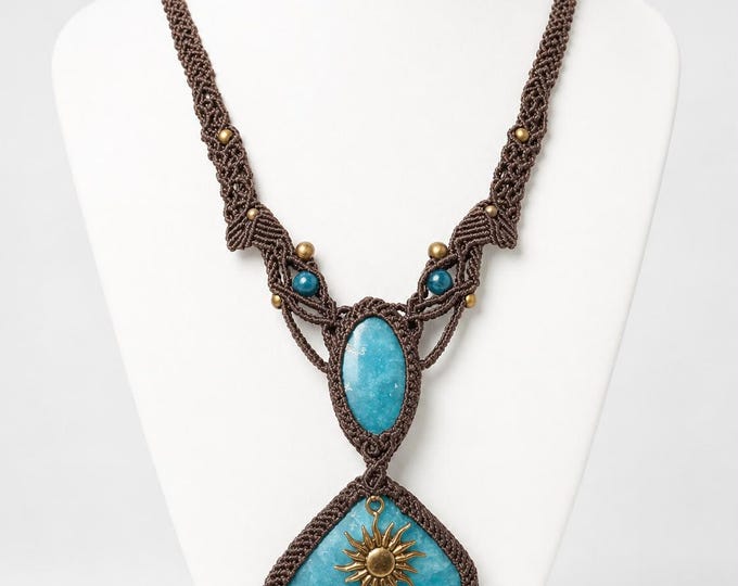 Amazonite Macrame Necklace • Golden Sun Amulet • Handmade Boho Crystal Pendant • Spiritual Jewelry Gift for Her