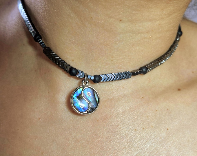 Hematite Bead Necklace • Mother of Pearl Yin Yang Pendant, Handmade