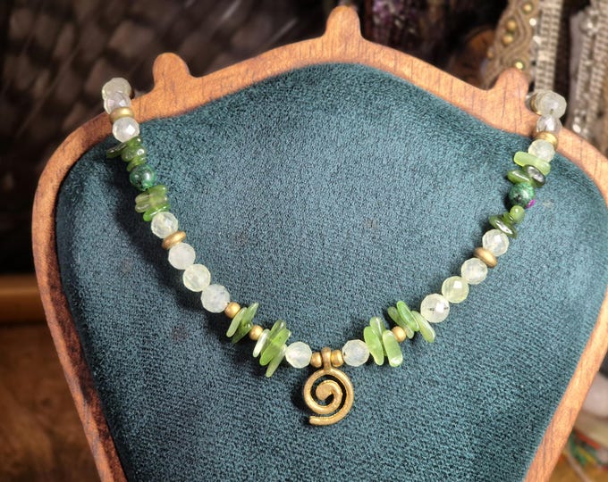 Handmade Green Chalcedony Aventurine Necklace • Brass Spiral Pendant