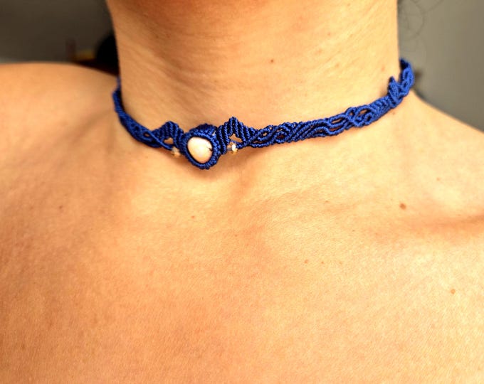 Handmade Macrame Choker: Pink Opal, Navy Blue, Adjustable