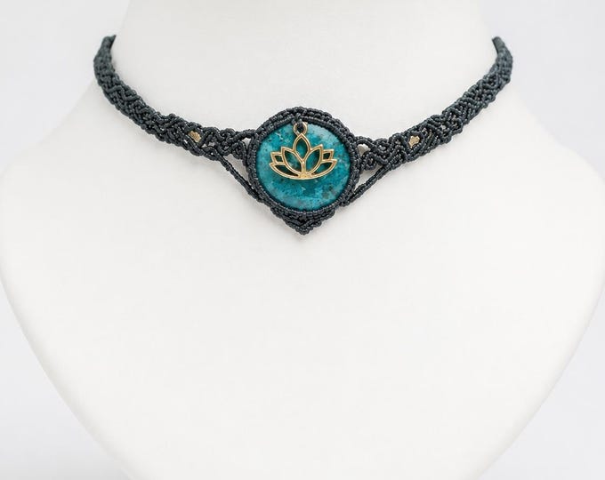 Turquoise Lotus Macrame Choker: Boho Amulet Necklace