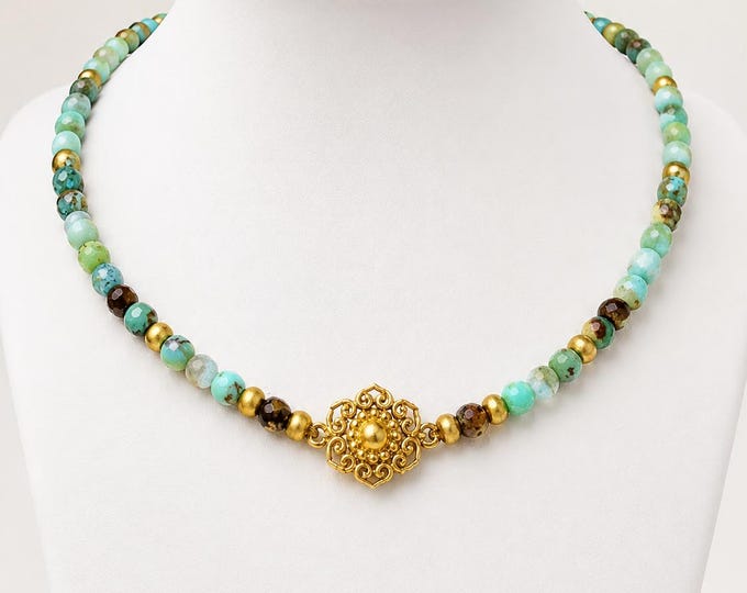 Green Chalcedony & Azurite Bead Necklace, Handmade Boho Crystal Jewellery, Throat Chakra Gift