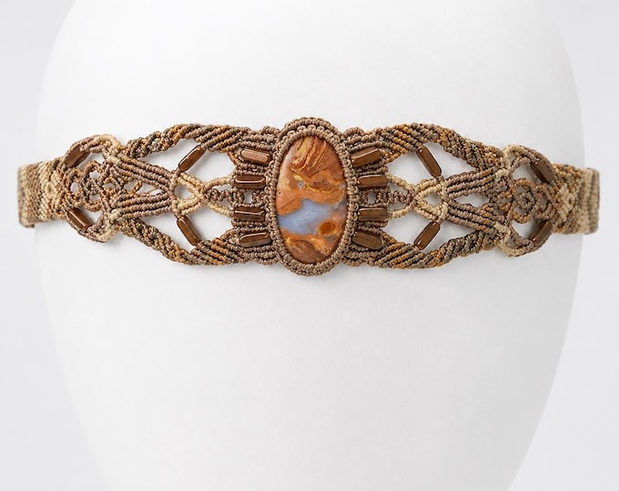 wood agate necklace and headpiece ceremonial amulet with peanut jasper stone
