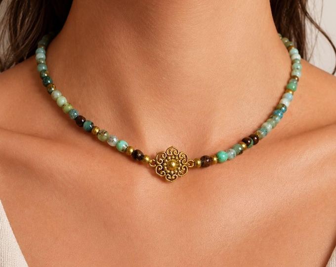 Green Chalcedony & Azurite Bead Necklace, Handmade Boho Crystal Jewellery, Throat Chakra Gift