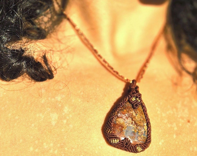 red moss agate pendant macrame necklace prosperity amulet