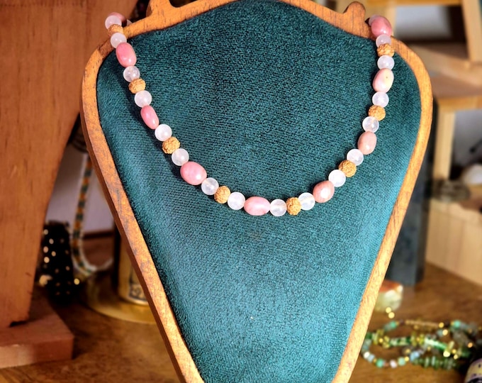 Rose Quartz & Pink Opal Necklace • Bodhi Seed Beads, Heart Chakra