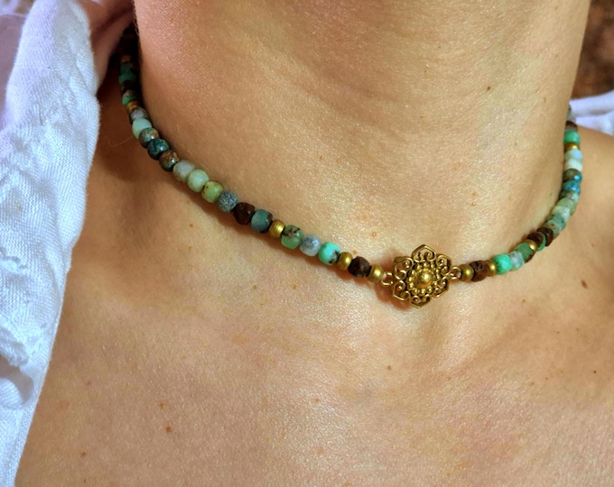 Green Chalcedony Azurite Bead Necklace • Handmade Boho Crystal Jewelry