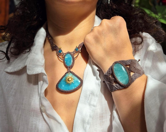 Amazonite Macrame Necklace • Golden Sun Pendant • Handmade Boho Amulet • Healing Crystal Jewelry • Spiritual Gift for Her