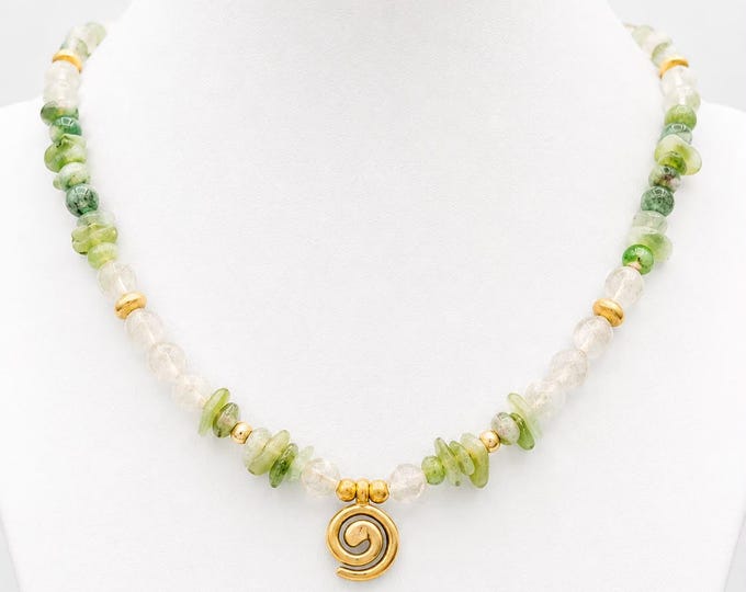 Green Chalcedony & Aventurine Necklace, Brass Spiral Pendant, Boho Gemstone Jewellery, Heart Chakra Gift