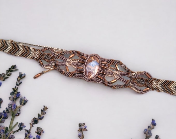 wood agate necklace and headpiece ceremonial amulet with peanut jasper stone