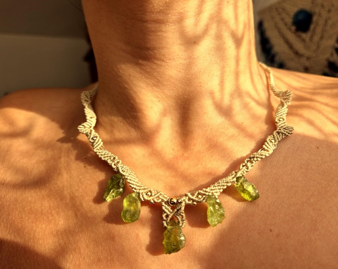 Raw Peridot Macrame Necklace: Bohemian Gemstone Jewelry, Leo Amulet