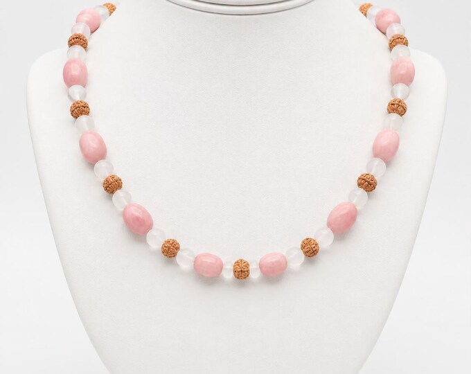 Rose Quartz Pink Opal Bodhi Seed Necklace, Heart Chakra Crystal Jewelry