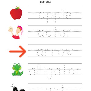 May include: A worksheet for tracing words that start with the letter A. The worksheet features five images: a red apple, a person in a red costume holding a skull, a red arrow pointing to the right, a green alligator, and a black ant. The words to trace are: apple, actor, arrow, alligator, and ant.