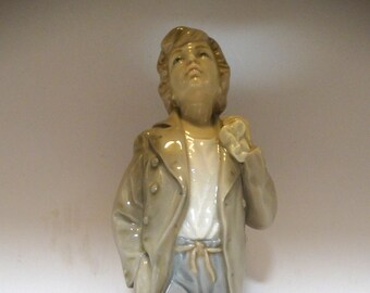 Vintage Lladro Boy Carrying Knapsack Figurine Glazed Porcelain RARE
