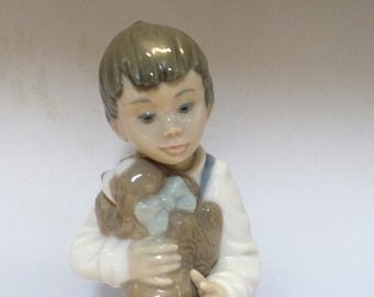 Vintage NAO  Boy Holding Puppy Figurine Glazed Porcelain RARE