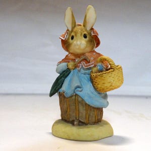 May include: A small figurine of a brown rabbit wearing a red polka-dot bonnet and shawl over a blue dress. The rabbit holds a dark green umbrella in one hand and a woven yellow basket in the other, standing on a round, light-coloured base.