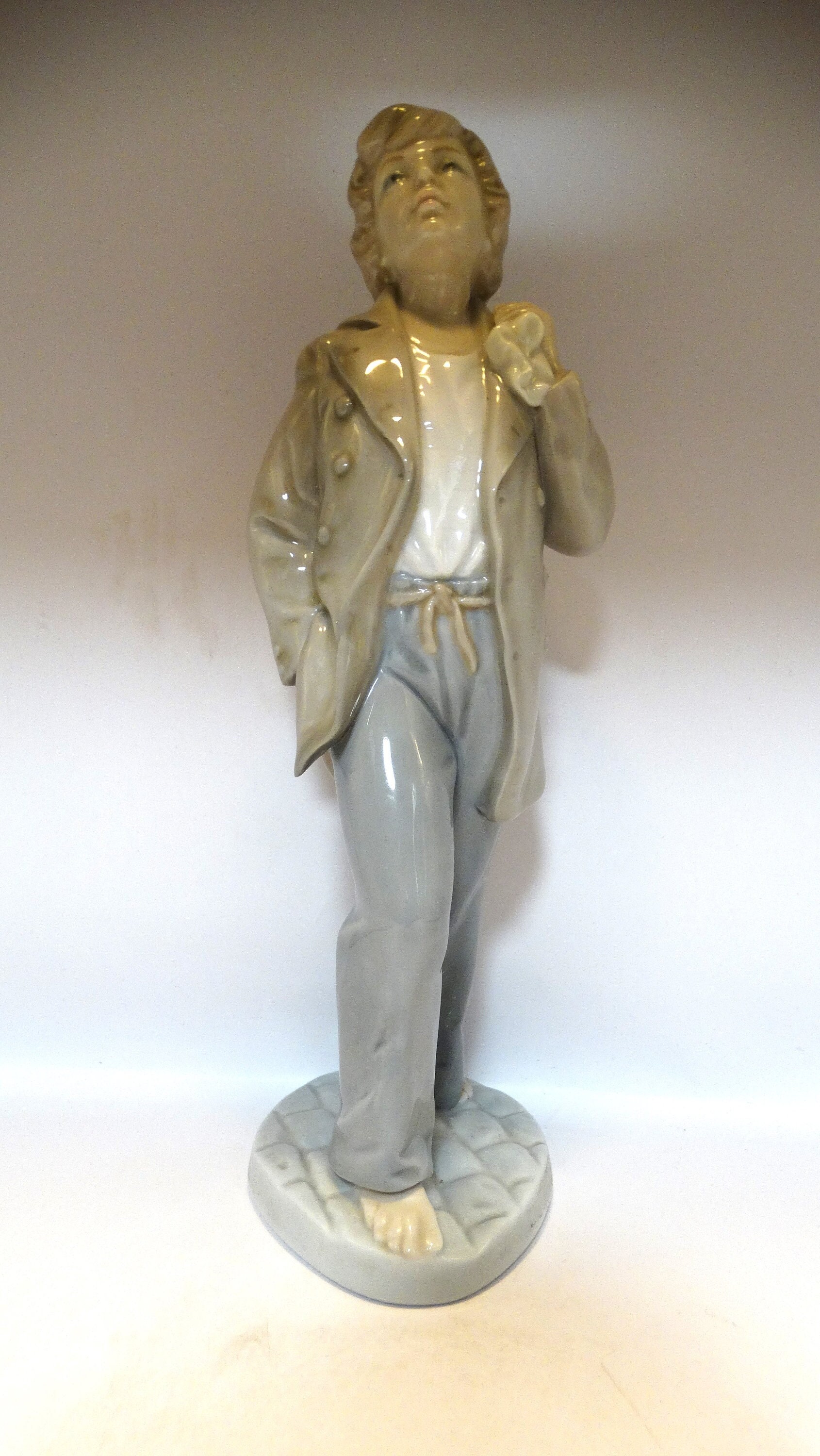 Vintage Lladro Boy Carrying Knapsack Figurine Glazed Porcelain